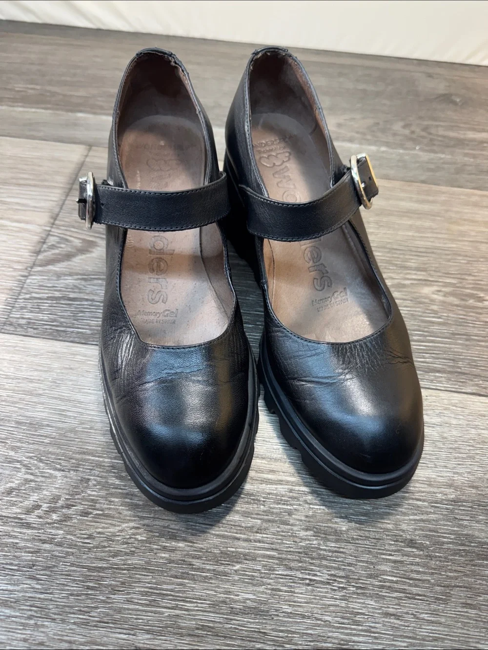 Wonders Chunky Black Leather Mary Jane Platform Shoes woman’s 38 (h20)
